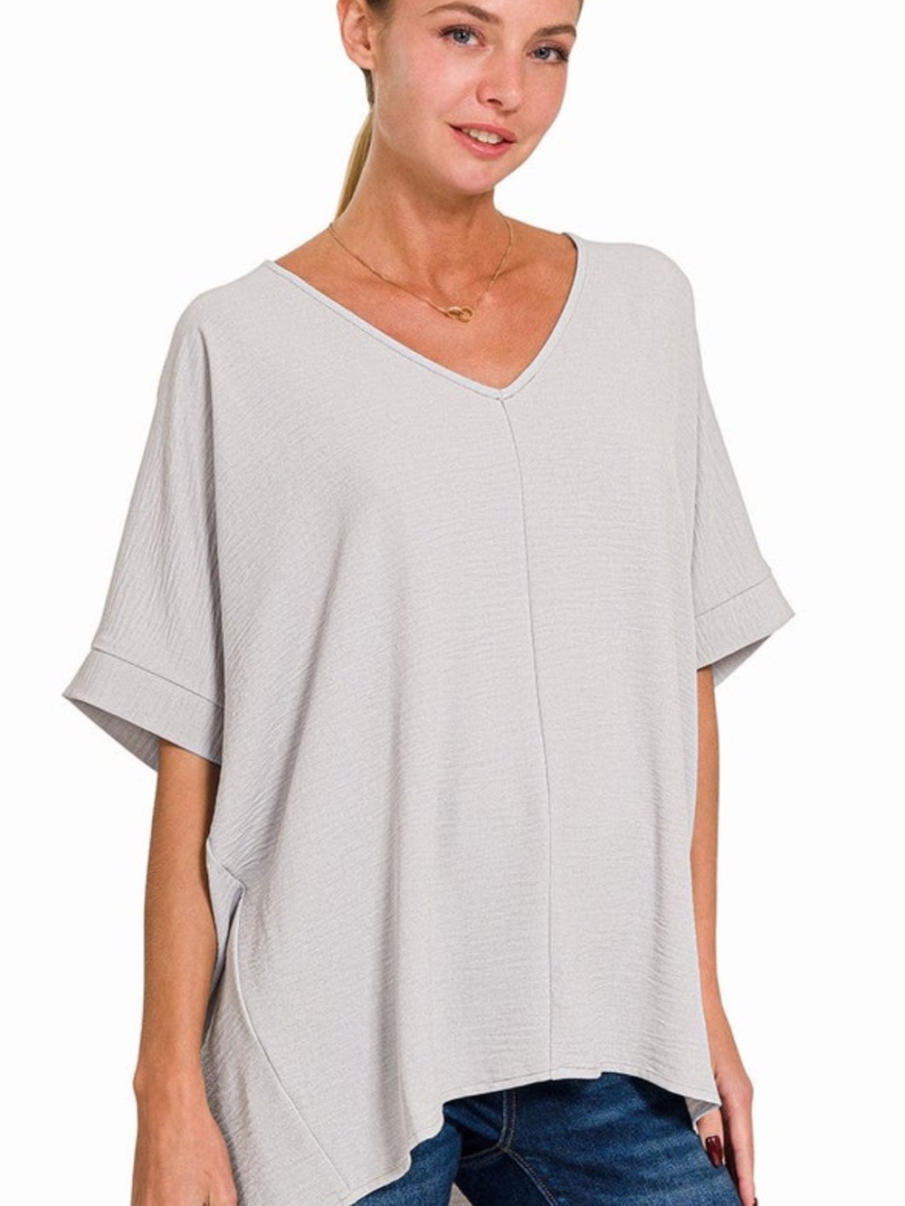 Woven airflow Relaxed V-Neck dolman Short Sleeve Top in Light Gray oversized NWT